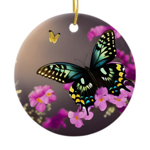 Swallowtail Butterfly and Pink Flowers Ceramic Ornament
