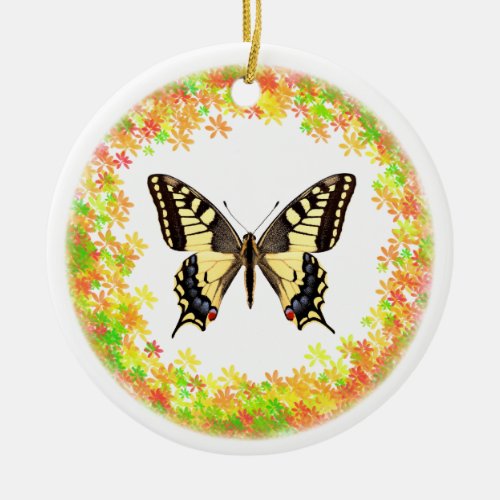 Swallowtail butterfly in frame of leaves ceramic ornament