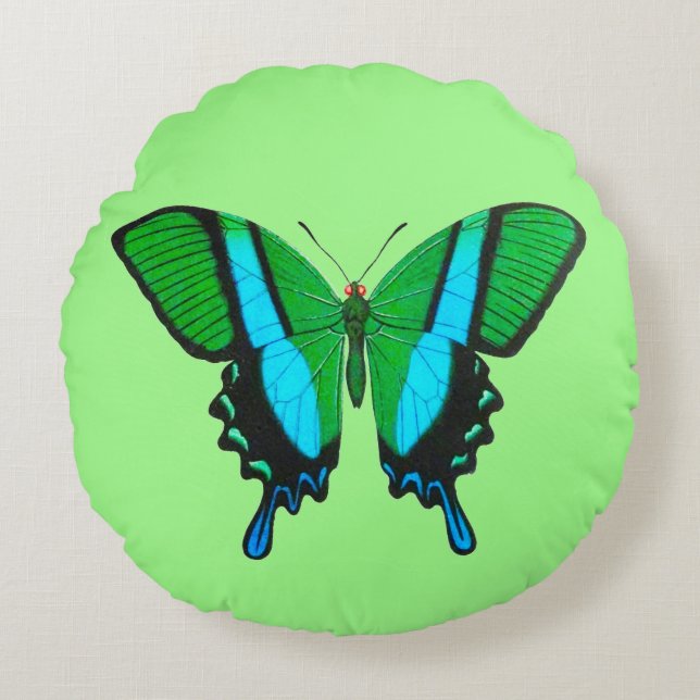 Swallowtail Butterfly in Green, Turquoise & Black Round Pillow (Front)