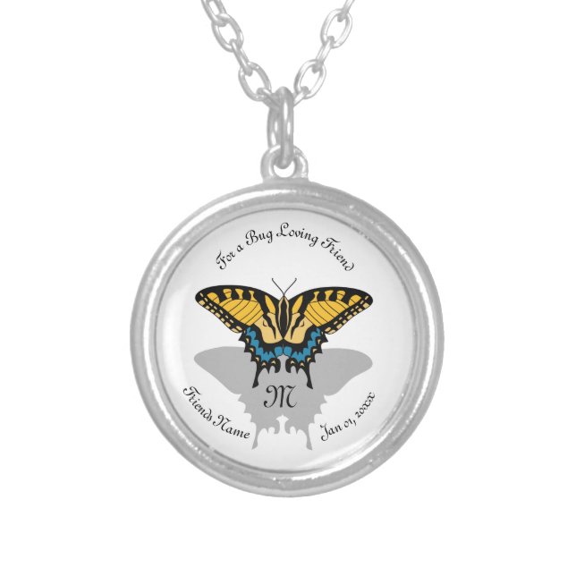 Swallowtail Butterfly Monogram Silver Plated Necklace (Front)
