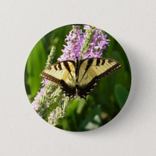 Swallowtail Butterfly on Purple Wildflowers Button
