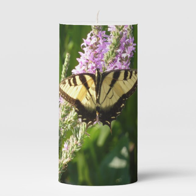 Swallowtail Butterfly on Purple Wildflowers Pillar Candle (Front)