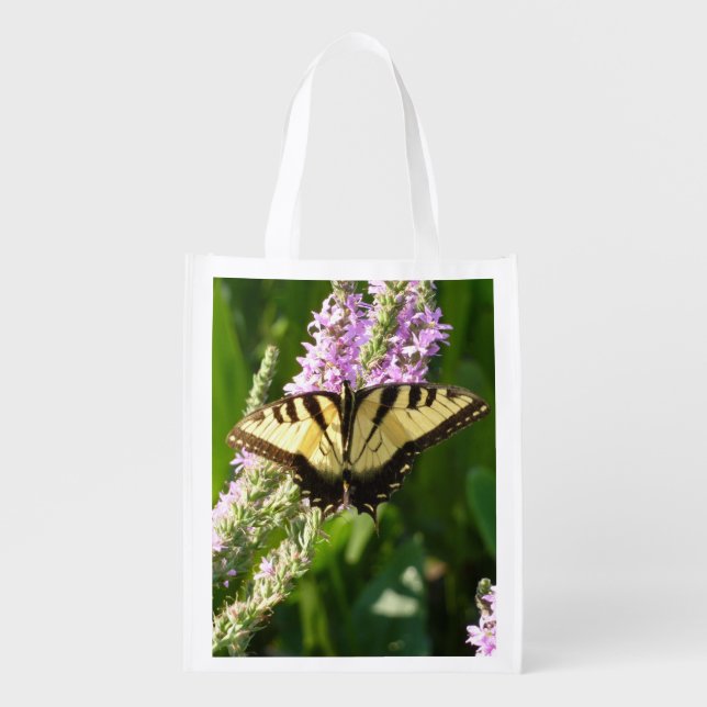 Swallowtail Butterfly on Purple Wildflowers Reusable Grocery Bag (Front)