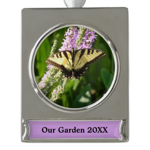 Swallowtail Butterfly on Purple Wildflowers Silver Plated Banner Ornament