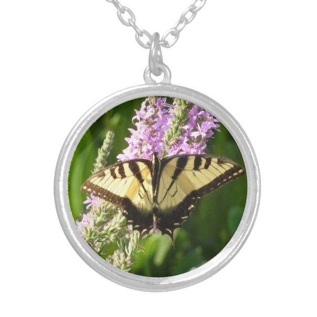 Swallowtail Butterfly on Purple Wildflowers Silver Plated Necklace (Front)