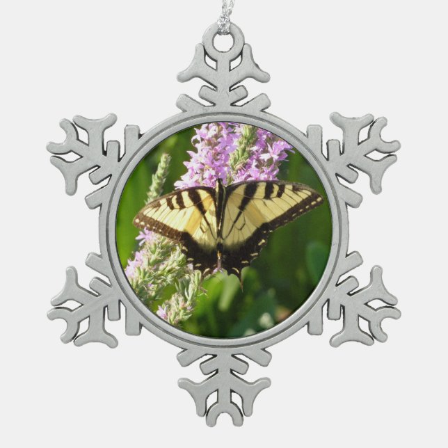 Swallowtail Butterfly on Purple Wildflowers Snowflake Pewter Christmas Ornament (Front)