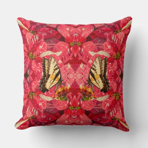 Swallowtail butterfly on Red Poinsettia Flower Throw Pillow