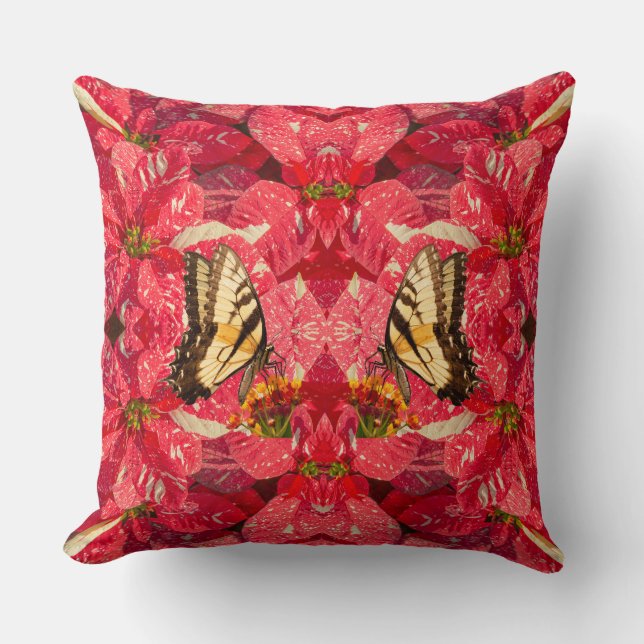 Swallowtail butterfly on Red Poinsettia Flower Throw Pillow (Front)