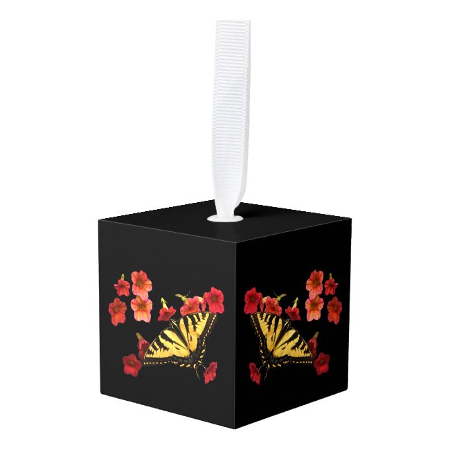 Swallowtail Butterfly Red Flowers Cube Ornament