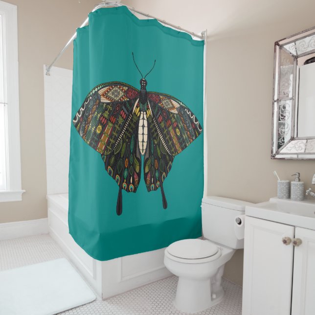 swallowtail butterfly teal shower curtain (In Situ)