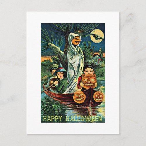 Swamp Ghost Pumpkin Vintage Halloween Postcard