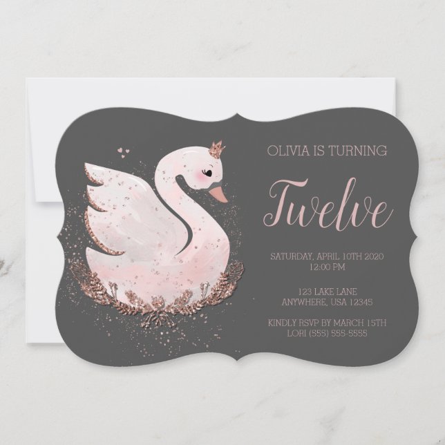 Swan 1st Birthday |  Gray and Rose Gold Glitter Invitation (Front)