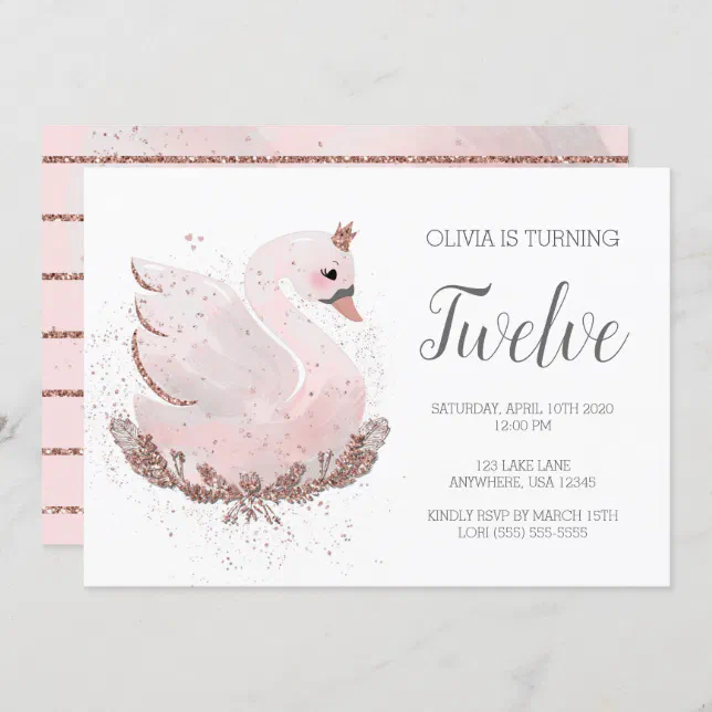 Swan 1st Birthday | White and Rose Gold Glitter Invitation | Zazzle