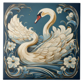 Swan and Flowers, Blue Background Ceramic Tile