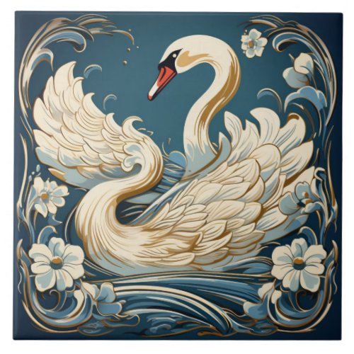 Swan and Flowers Blue Background Ceramic Tile