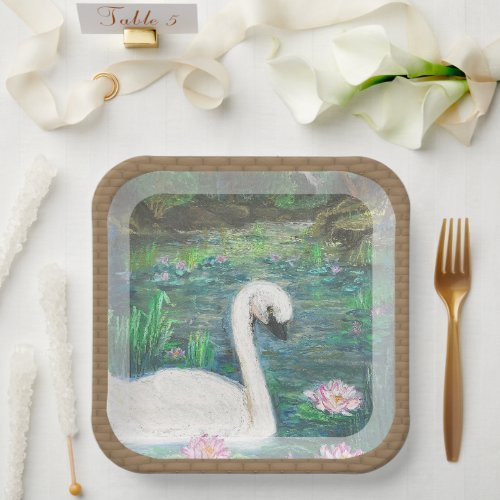 Swan and Lilies Square Paper Plates