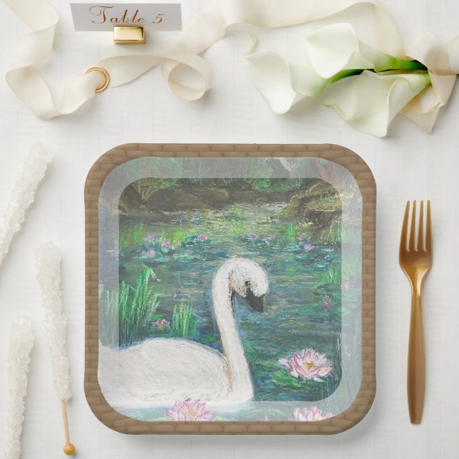Swan and Lilies (Square) Paper Plates (Wedding)