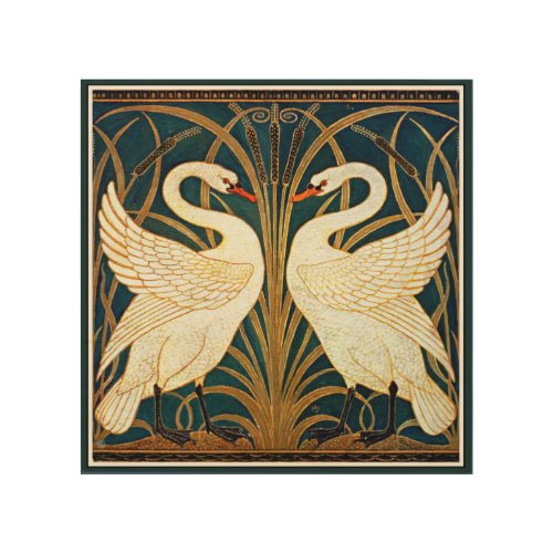 Swan and Rush and Iris vintage design Wood Wall Art