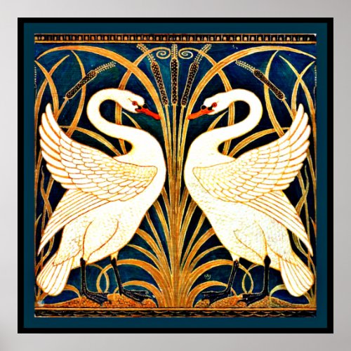 Swan and Rush and Iris vintage painting Poster