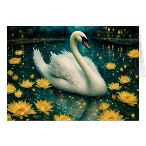 Swan and Yellow Flowers in a Pond