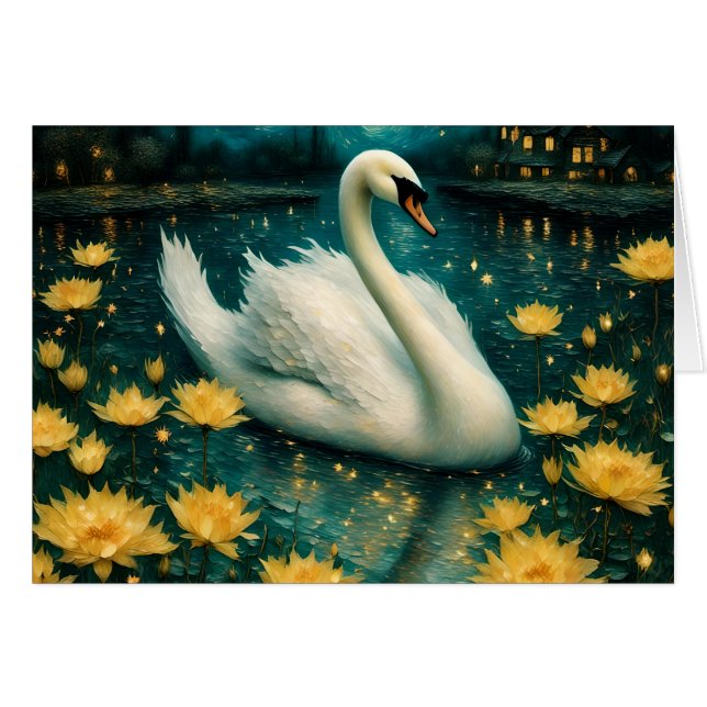 Swan and Yellow Flowers in a Pond Cards (Front Horizontal)