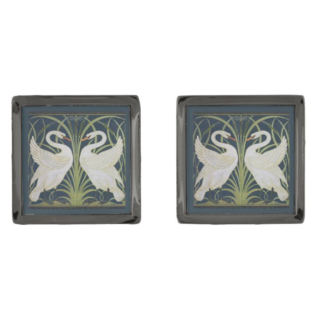 Swan Art Nouveau Two Swans  Gunmetal Finish Cufflinks (Front)