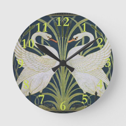 Swan Art Nouveau Two Swans  Round Clock