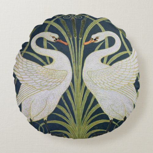 Swan Art Nouveau Two Swans  Round Pillow