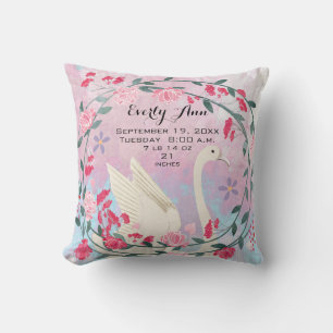 Swan Baby Girl Nursery Baby Stats or Birth Record Throw Pillow