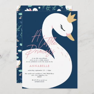 Swan baby shower girly pink navy blue cute elegant invitation