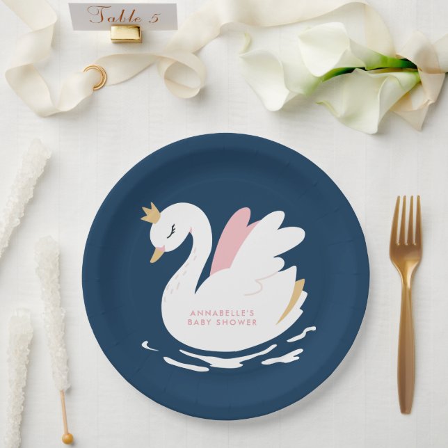 Swan baby shower girly pink navy blue cute elegant paper plates (Wedding)