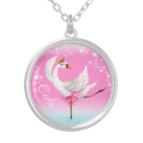 Swan ballet dancer whimsy personalized name silver plated necklace