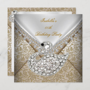 Swan Beige Gold Damask White Elegant Birthday Invitation