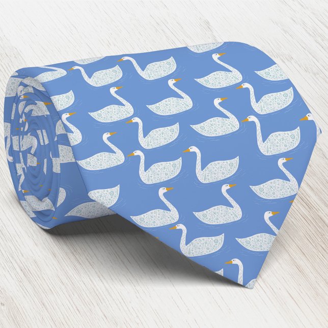 Swan Bird Pattern Blue Neck Tie (Swan pattern neck tie for wildlife, nature and bird lovers)