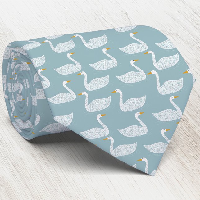 Swan Bird Pattern Light Teal Green Neck Tie (Swan pattern neck tie for wildlife, nature and bird lovers)