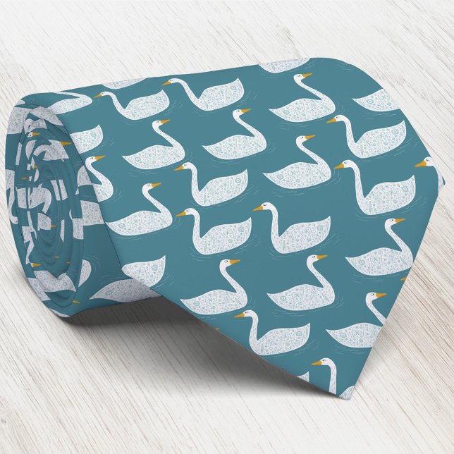 Swan Bird Pattern Teal Green Neck Tie (Swan bird pattern neck tie for nature, wildlife and bird lovers)