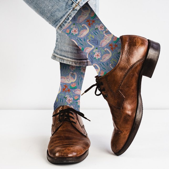 Swan Birds Floral Botanical Blue Pattern dress Socks (Creator Uploaded)