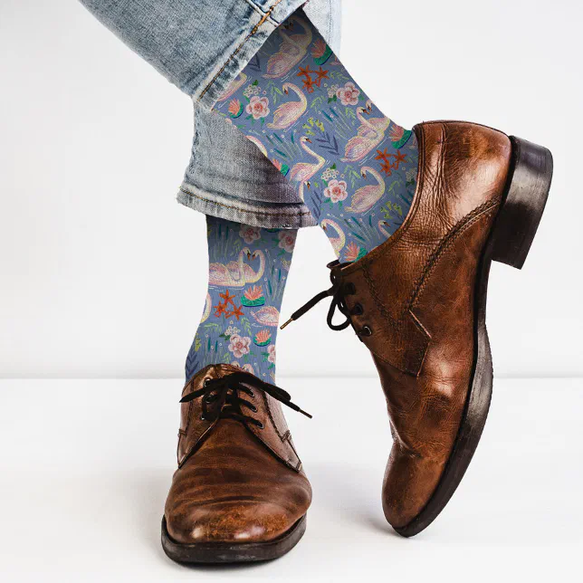 Swan Birds Floral Botanical Blue Pattern dress Socks | Zazzle