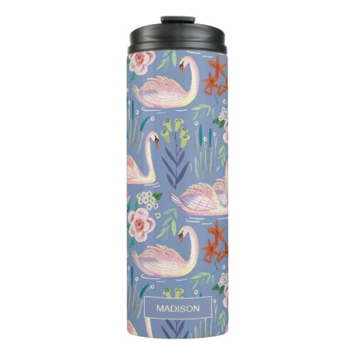 Swan Birds Floral Botanical Blue Pattern Name Thermal Tumbler