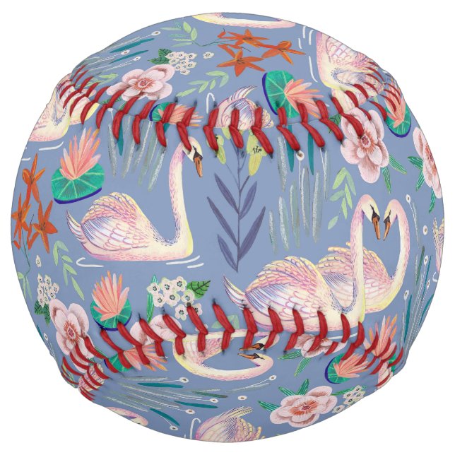 Swan Birds Floral Botanical Blue Pattern Softball (Front)