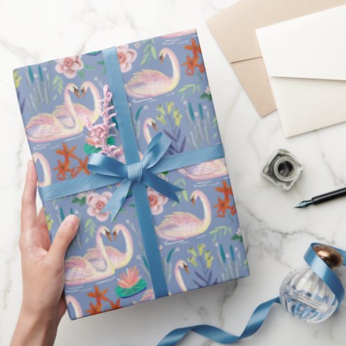 Swan Birds Floral Botanical Blue Pattern Wrapping Paper