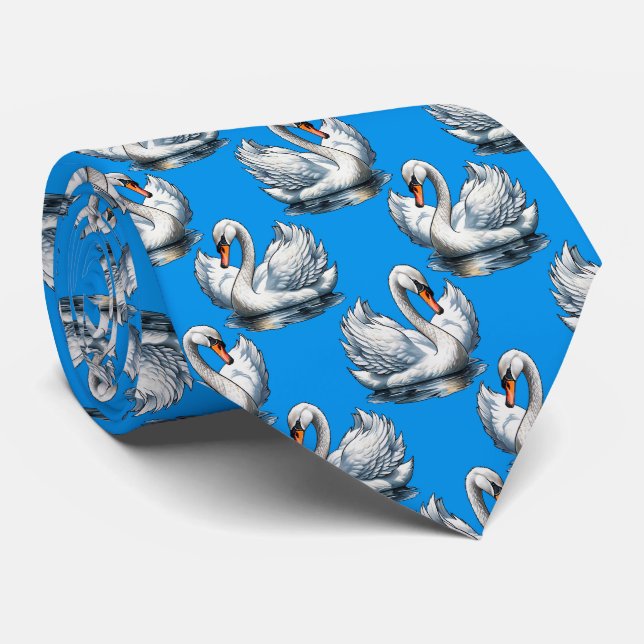 Swan Birds Pattern Design On Blue  Neck Tie (Rolled)
