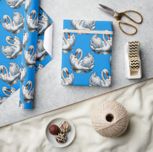 Swan Birds Pattern Design On Blue  Wrapping Paper