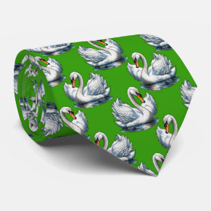 Swan Birds Pattern Design On Green Neck Tie