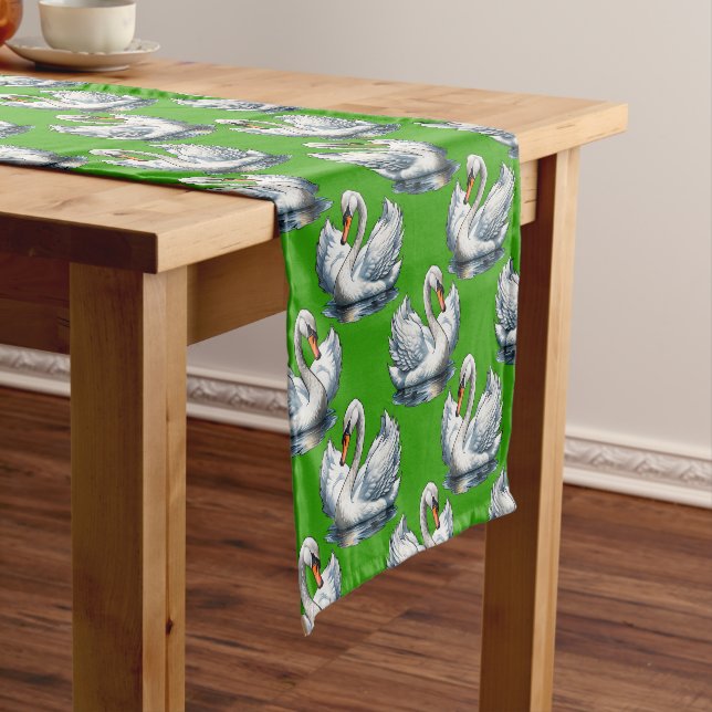 Swan Birds Pattern Design On Green  Short Table Runner (In Situ)