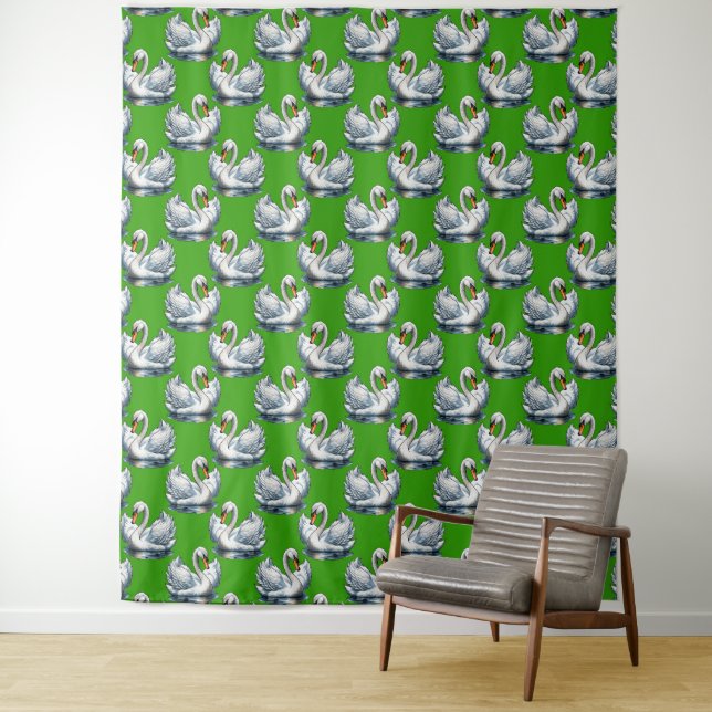 Swan Birds Pattern Design On Green  Tapestry (In Situ)