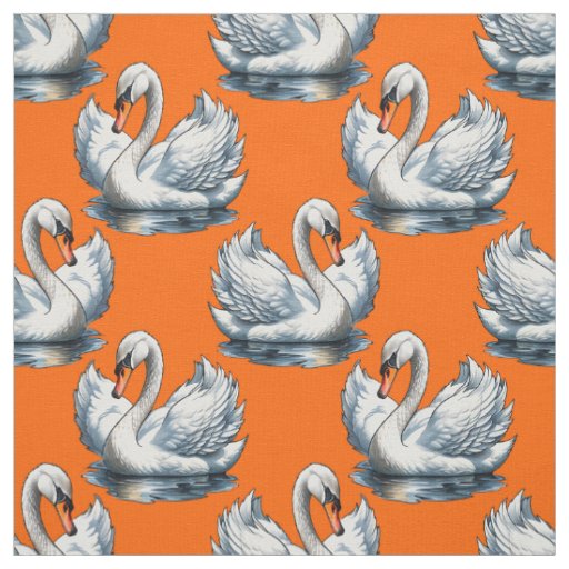 Swan Birds Pattern Design On Orange  Fabric