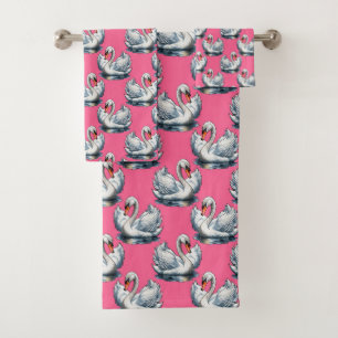 Swan Birds Pattern Design On Pink Bath Towel Set
