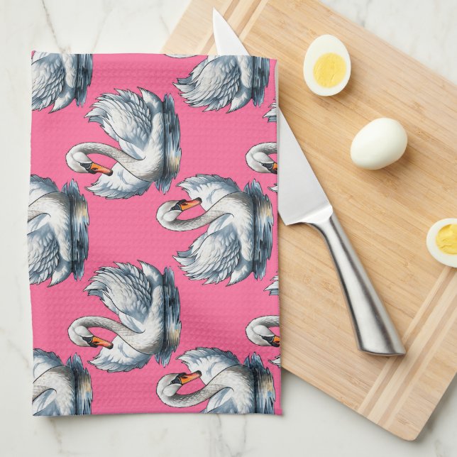Swan Birds Pattern Design On Pink Kitchen Towel (Quarter Fold)