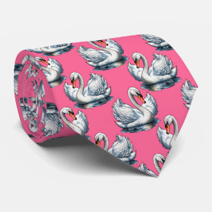 Swan Birds Pattern Design On Pink Neck Tie